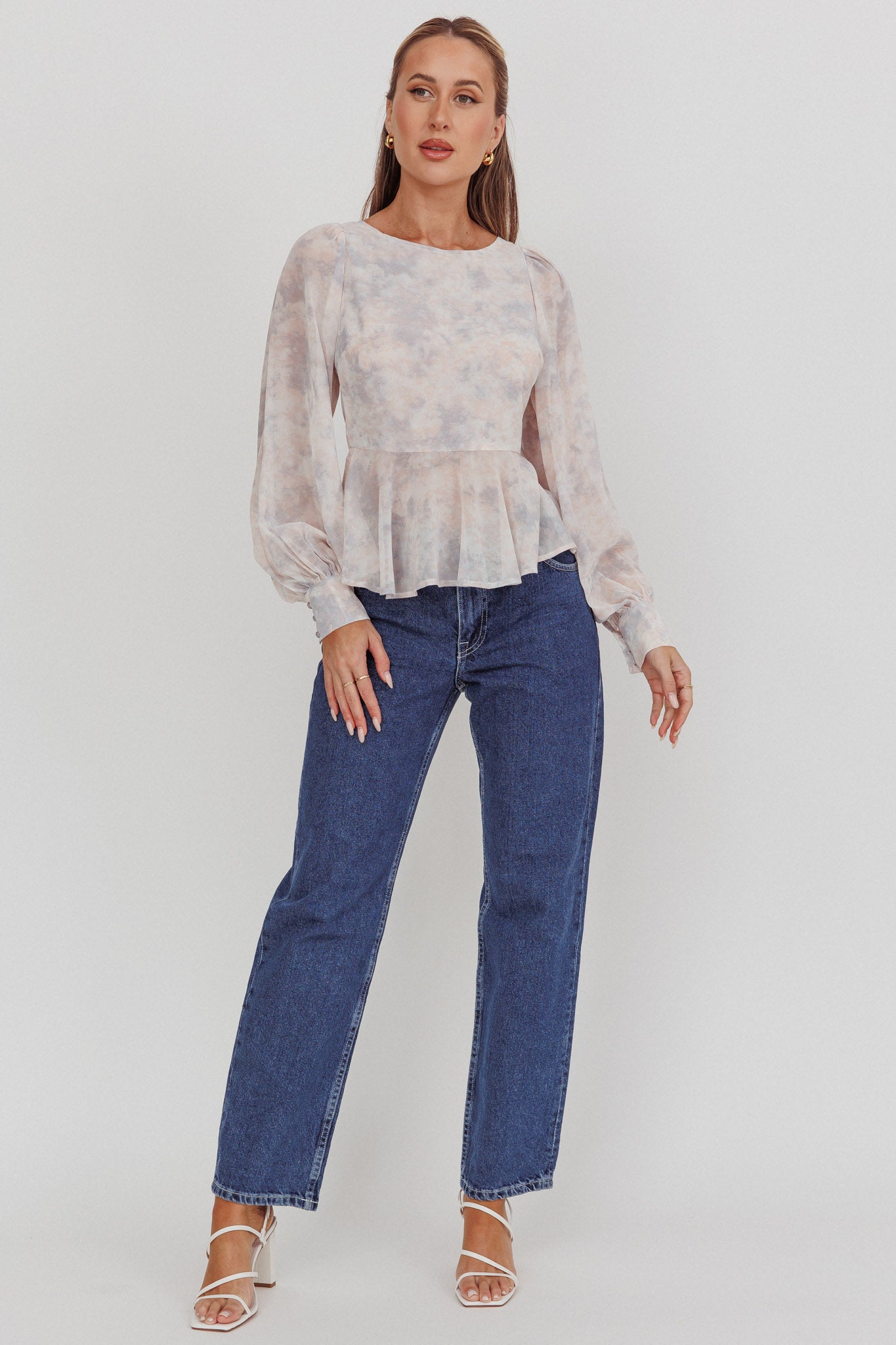 Shop the Helix Balloon Sleeves Peplum Top Dusty Blue/Peach