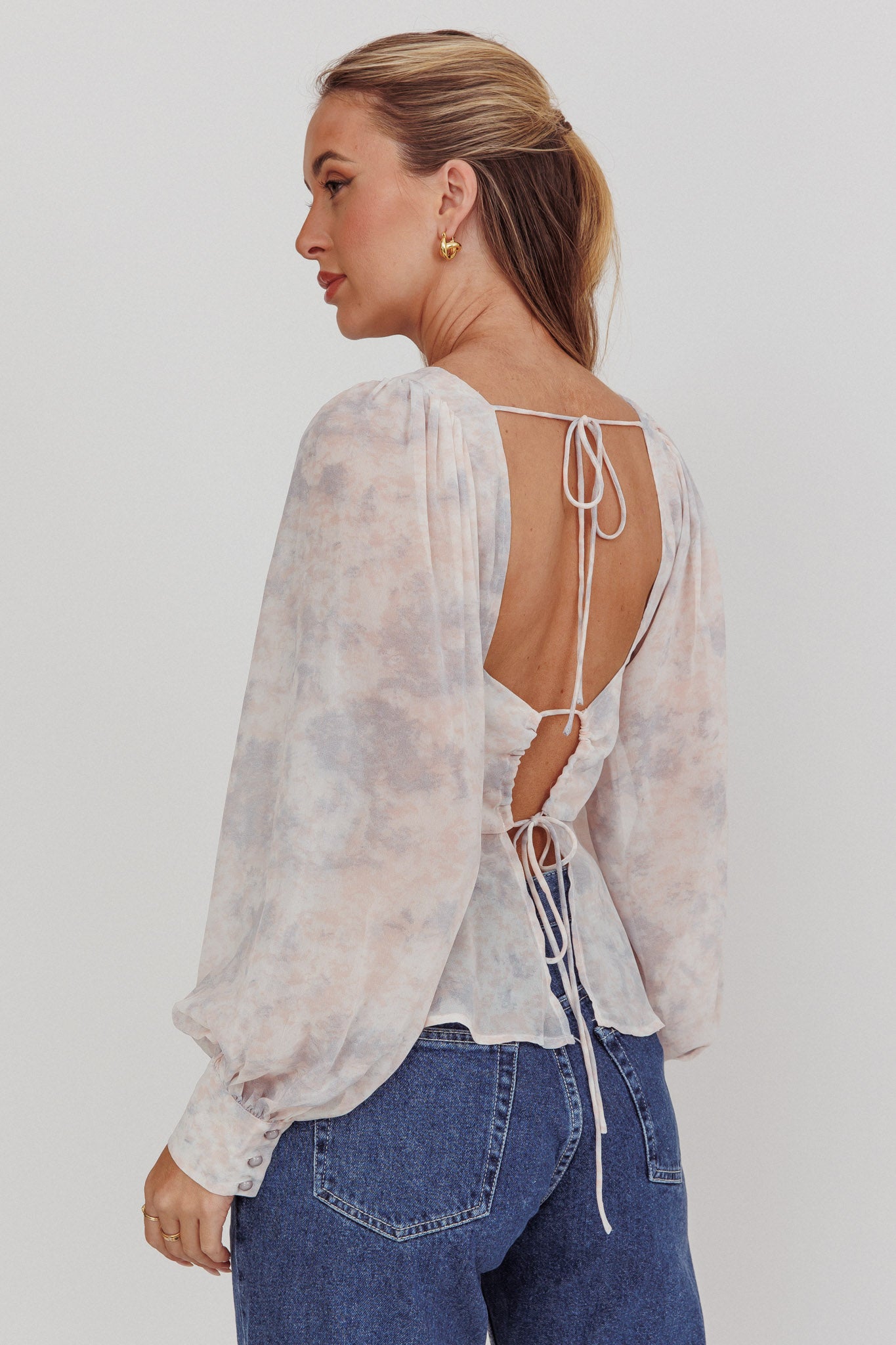 Helix Balloon Sleeves Peplum Top Dusty Blue/Peach by Selfie Leslie