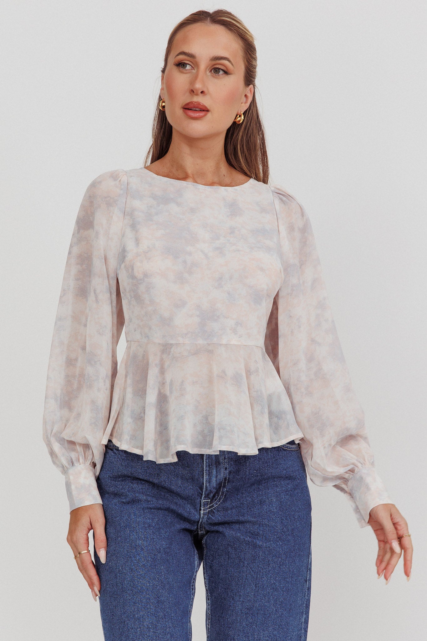 Shop the Helix Balloon Sleeves Peplum Top Dusty Blue/Peach