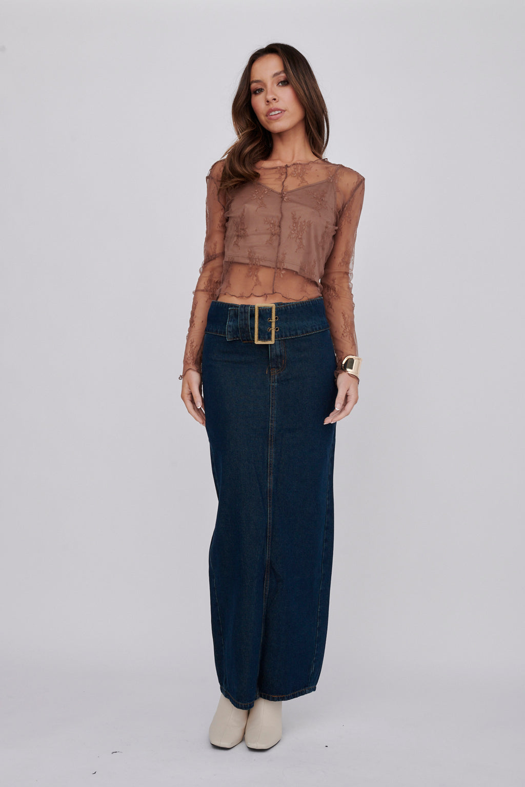 Genovia Long Sleeve Lace Top Brown by Selfie Leslie
