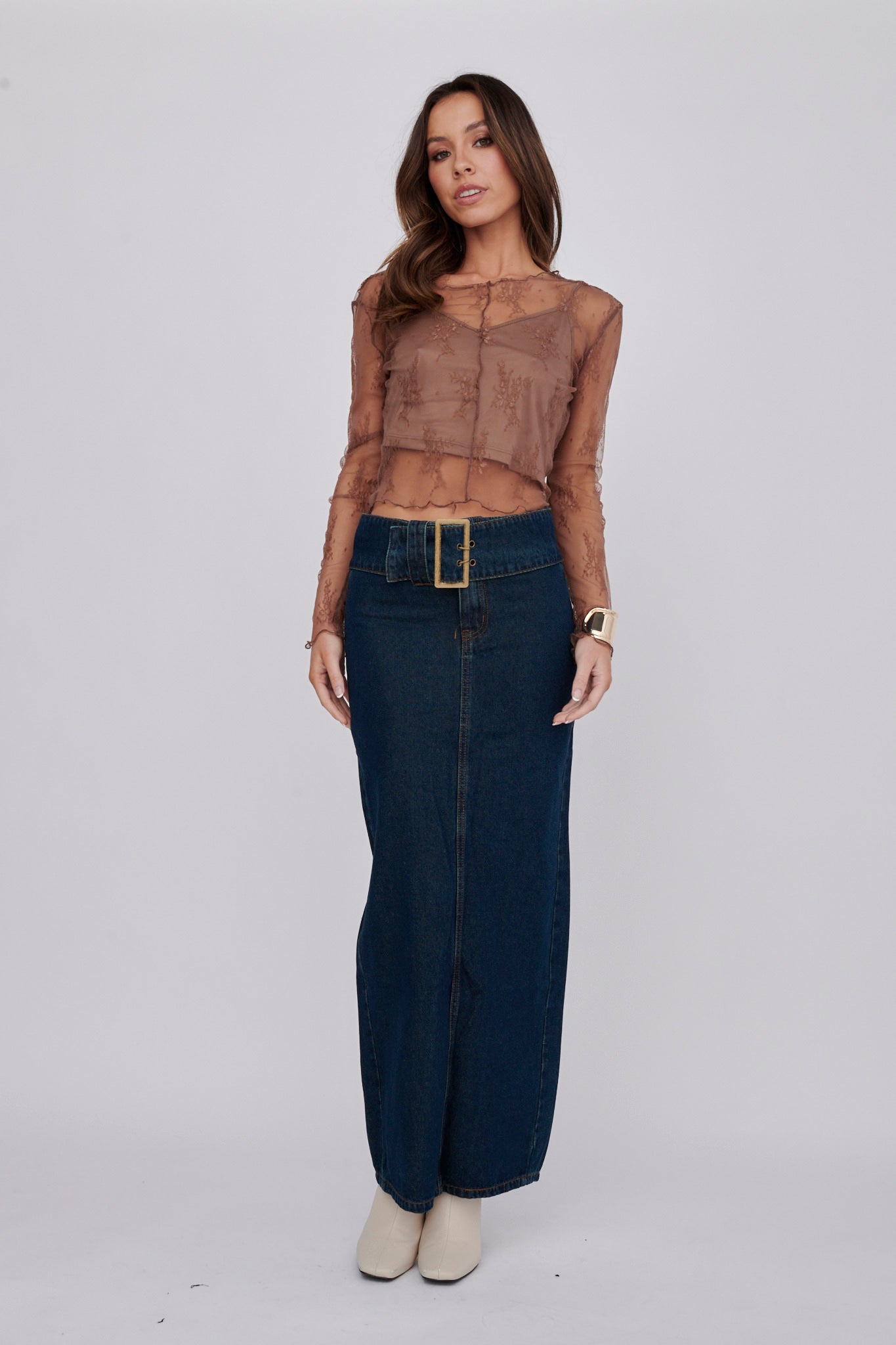 Genovia Long Sleeve Lace Top Brown by Selfie Leslie