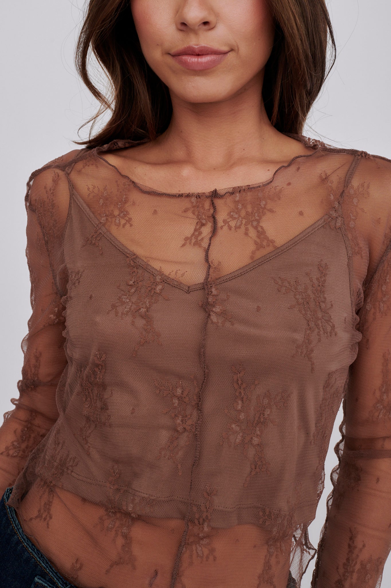 Genovia Long Sleeve Lace Top Brown by Selfie Leslie
