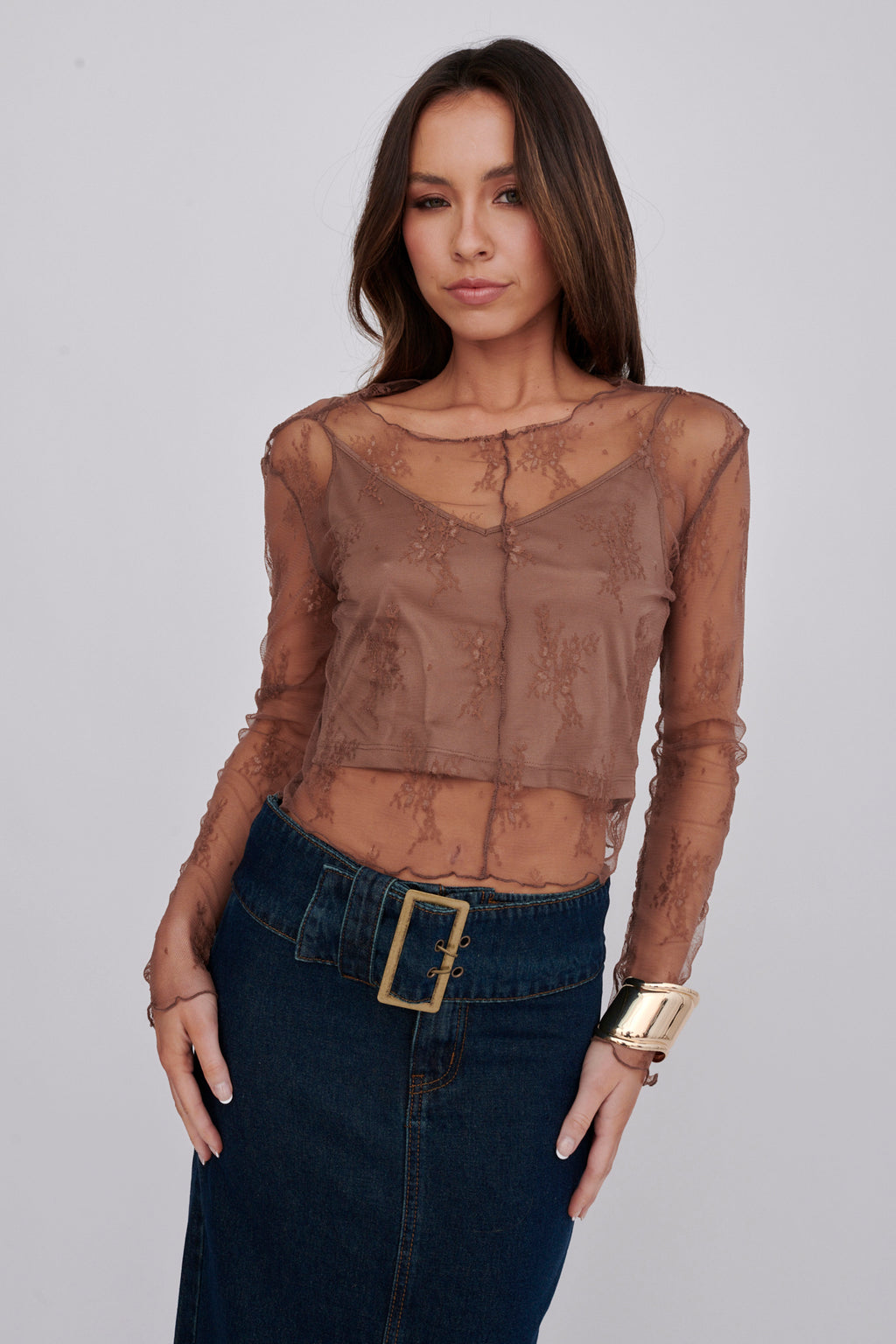 Genovia Long Sleeve Lace Top Brown by Selfie Leslie