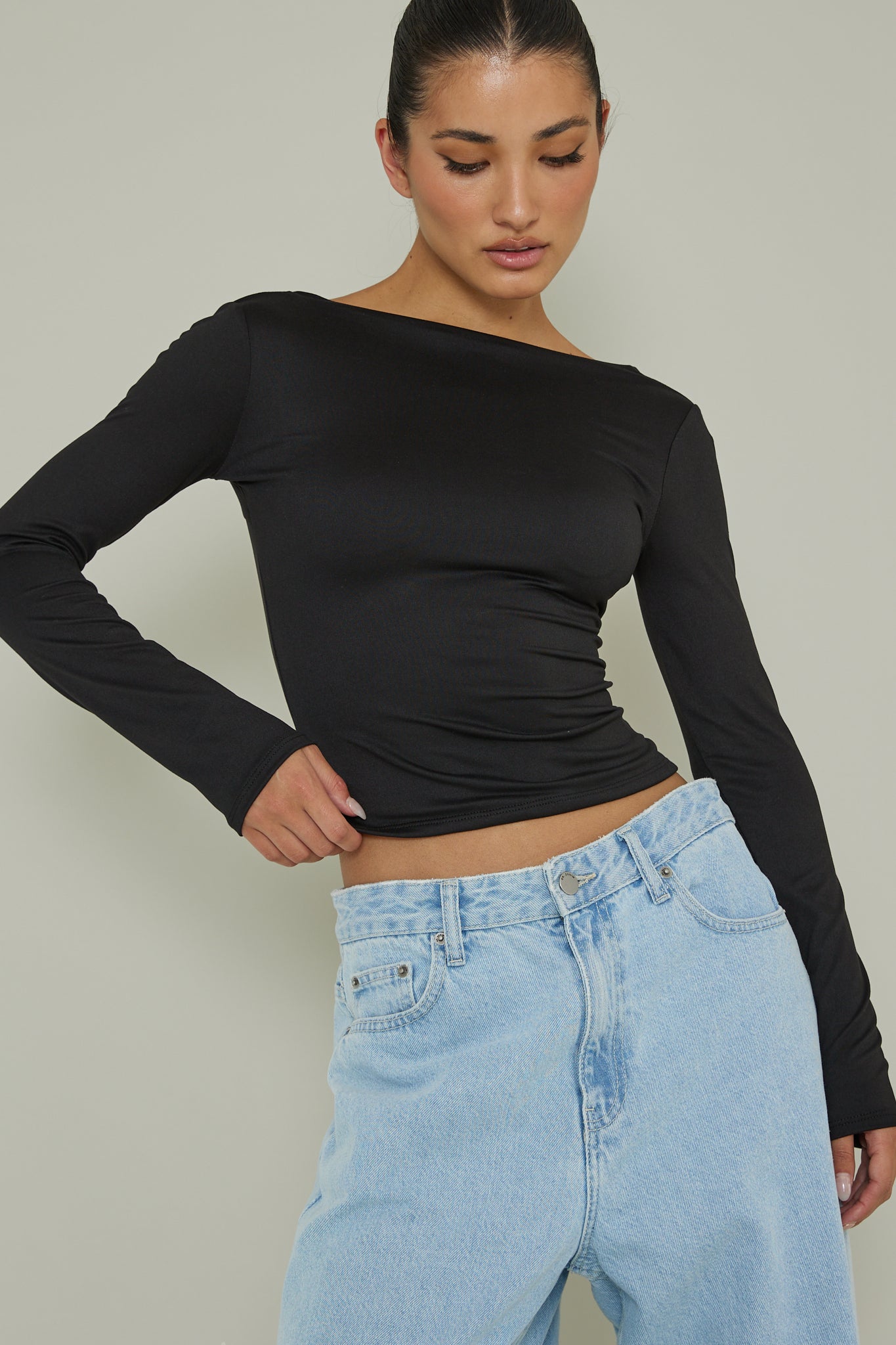 Cheers Boat Neck Long Sleeve Top Black by Selfie Leslie