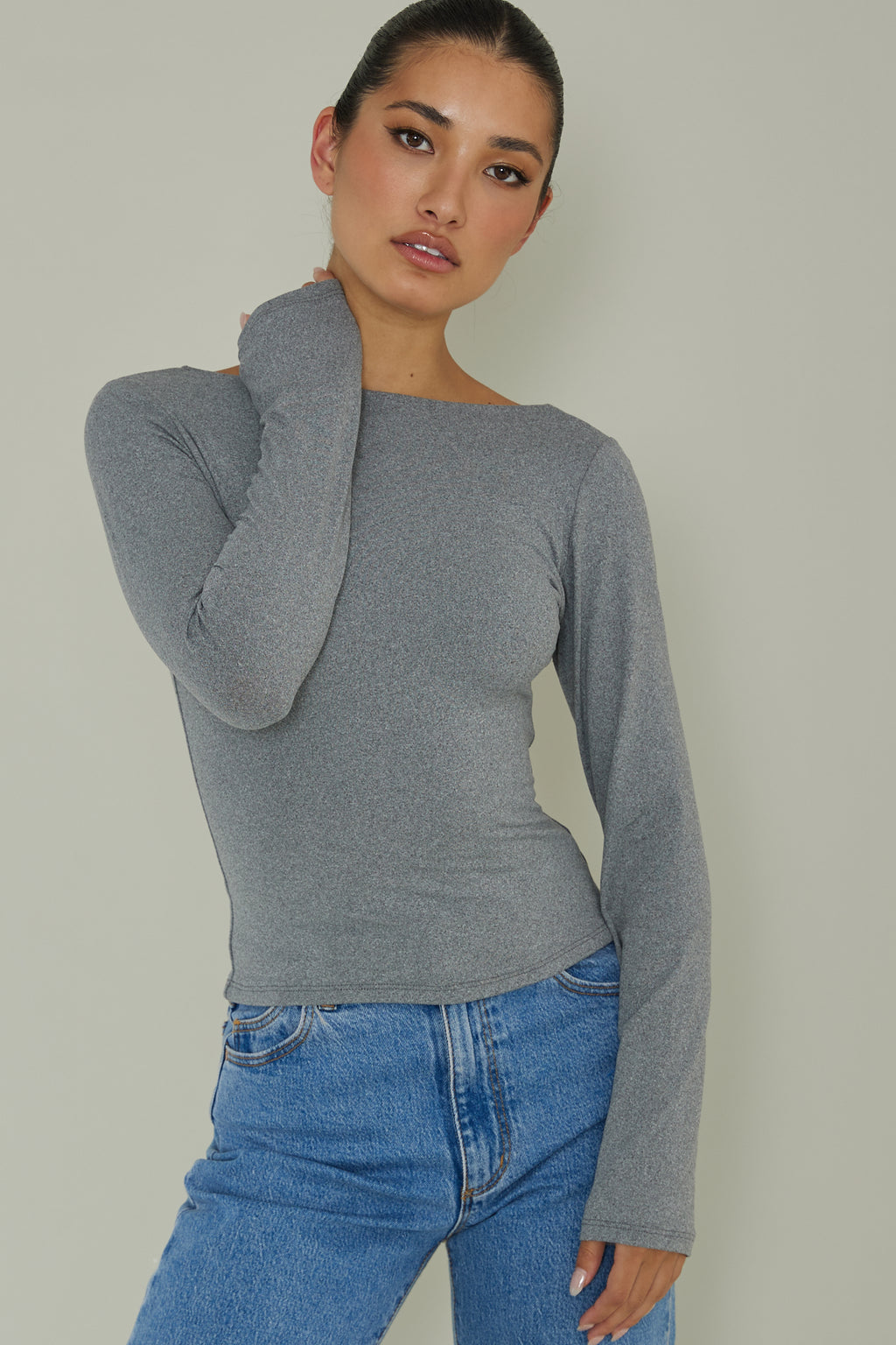 Cheers Boat Neck Long Sleeve Top Grey by Selfie Leslie