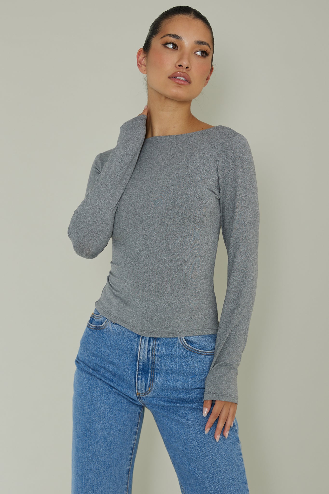Cheers Boat Neck Long Sleeve Top Grey by Selfie Leslie