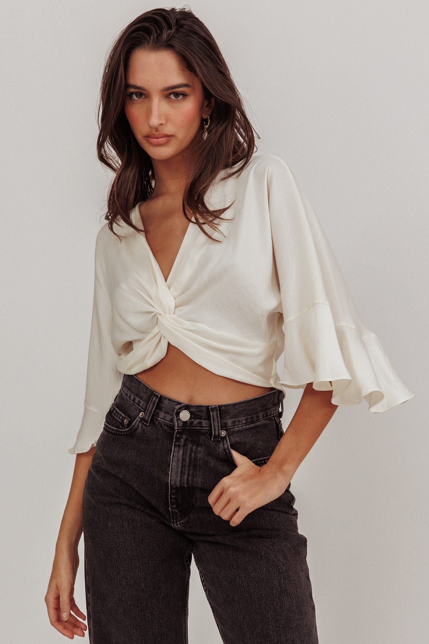 Rejoice Flounce Sleeve Knot Top Ivory by Selfie Leslie