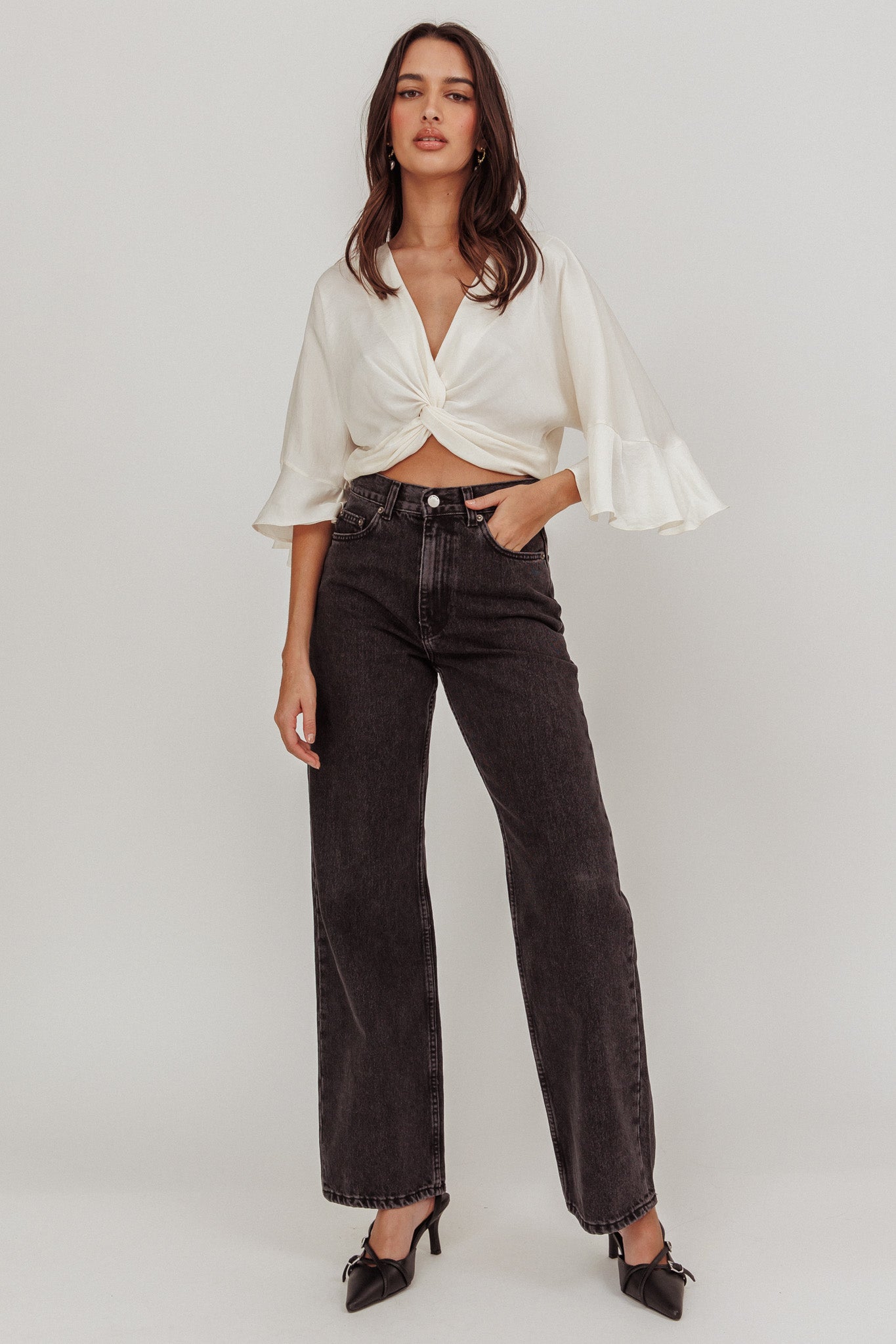Rejoice Flounce Sleeve Knot Top Ivory by Selfie Leslie
