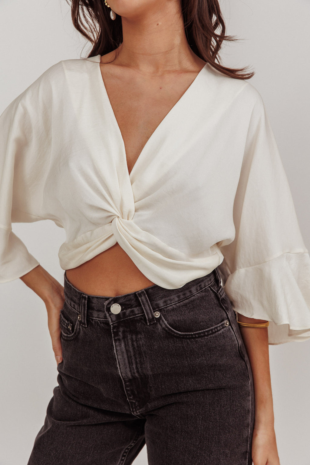 Rejoice Flounce Sleeve Knot Top Ivory by Selfie Leslie