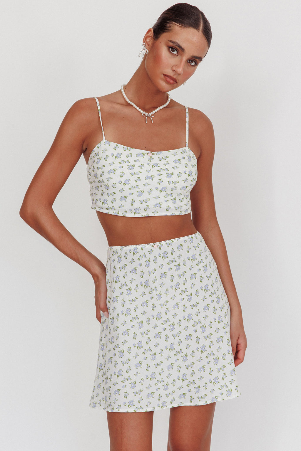 Miss Cupid Floral Mini Skirt Ivory/Blue by Selfie Leslie