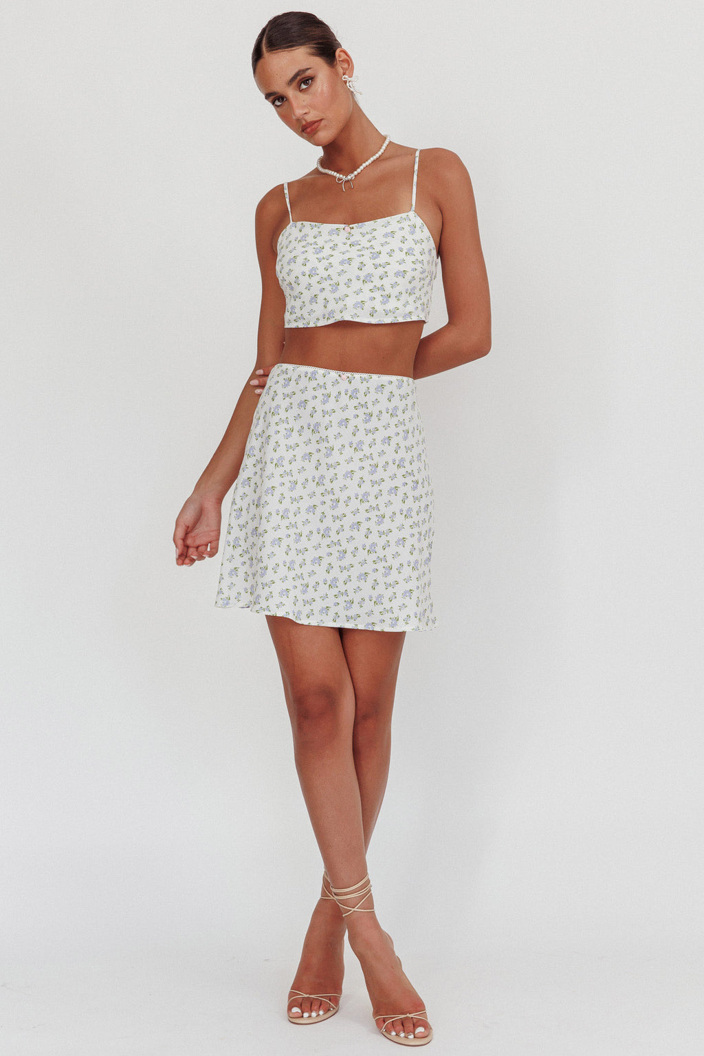 Miss Cupid Cami Crop Top Floral Ivory/Blue by Selfie Leslie