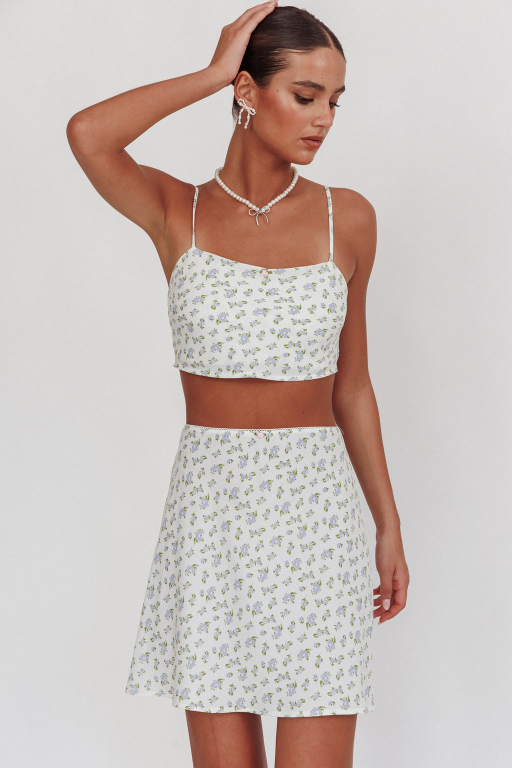 Miss Cupid Cami Crop Top Floral Ivory/Blue by Selfie Leslie