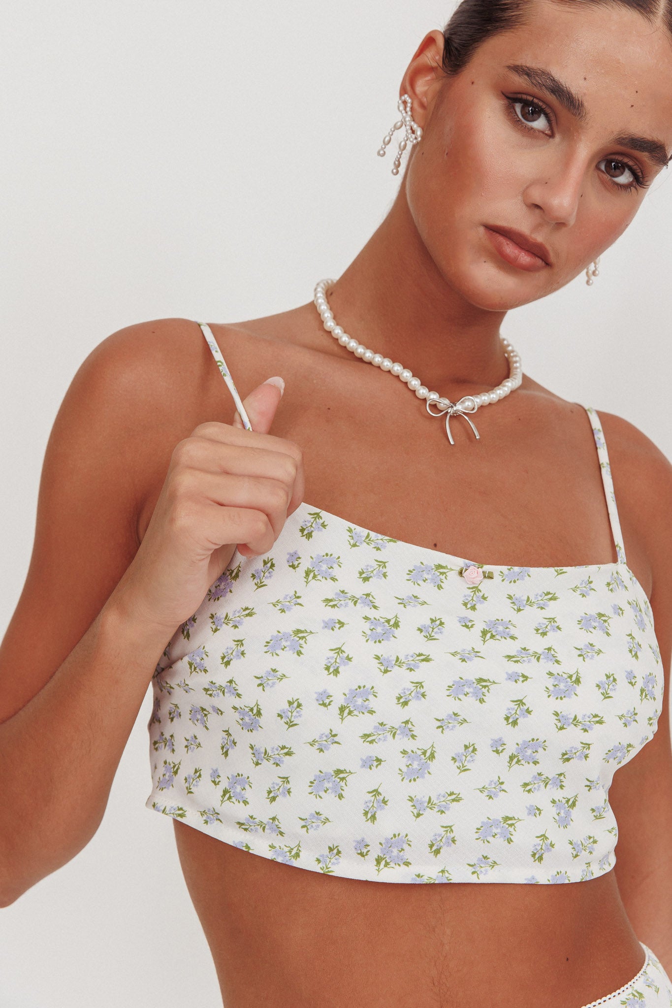 Miss Cupid Cami Crop Top Floral Ivory/Blue by Selfie Leslie