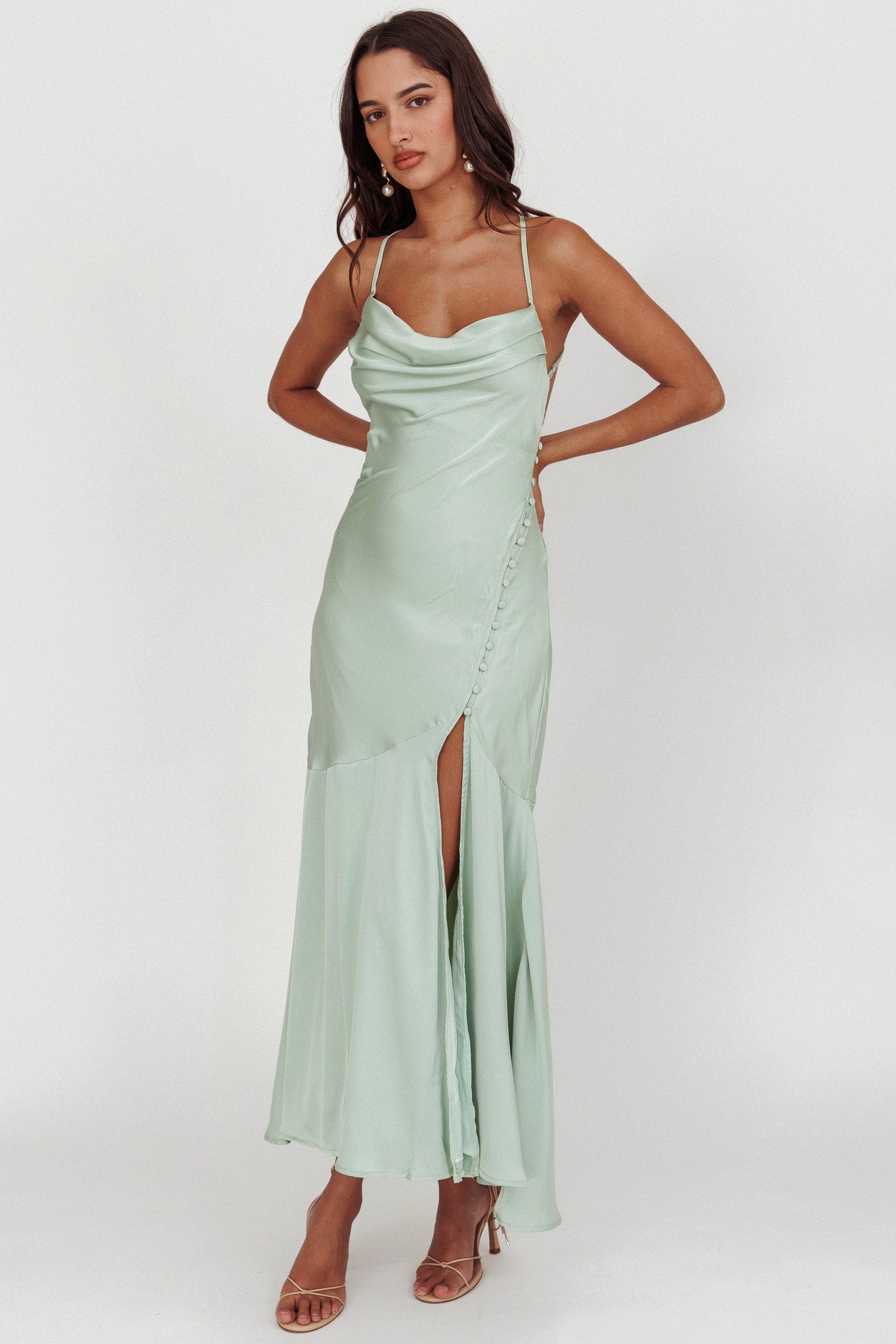 Elpis Cowl Button Satin Maxi Dress Mint Elpis Cowl Button Satin Maxi Dress Mint