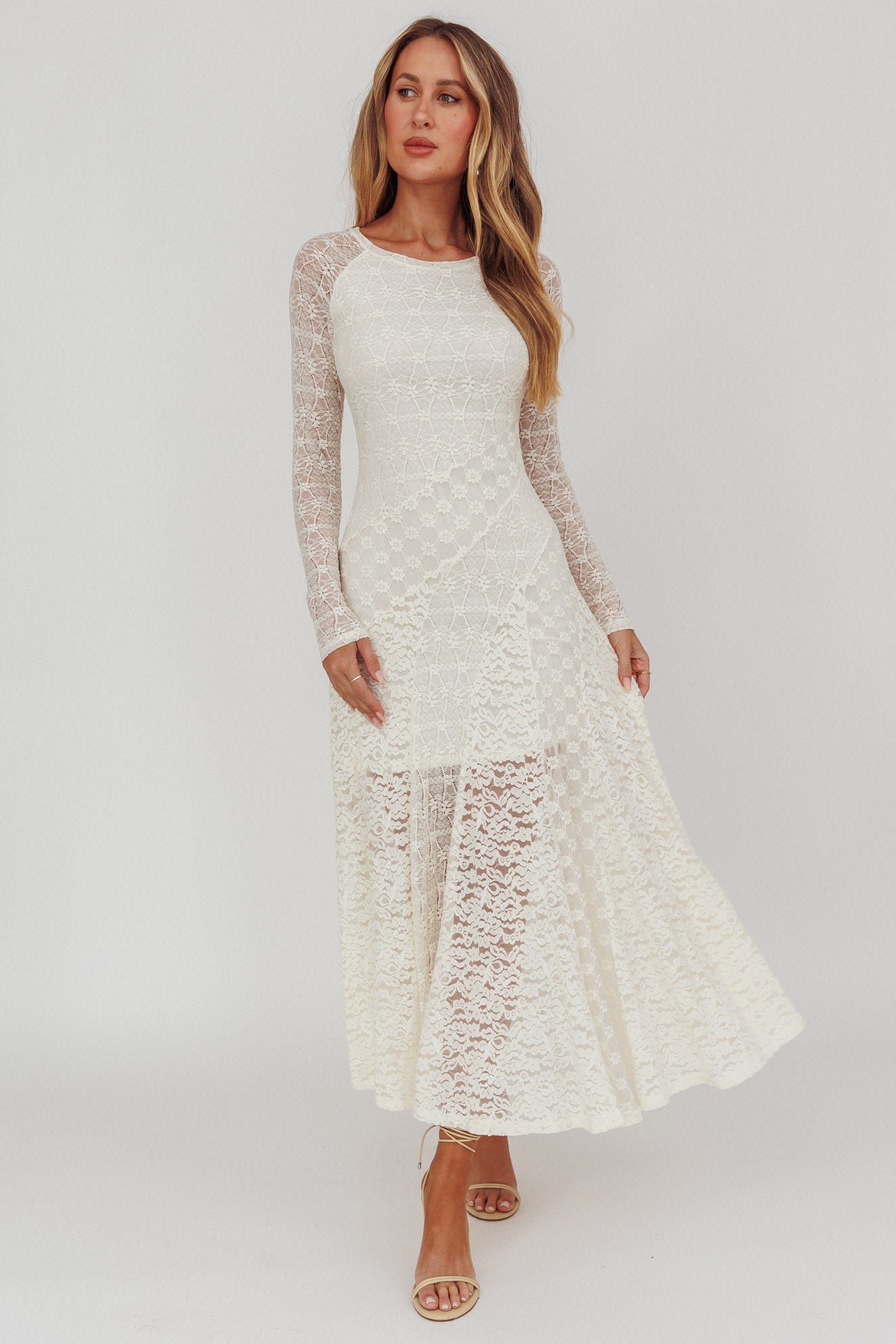 Shop the Tarly Long Sleeve Lace Maxi Dress Cream