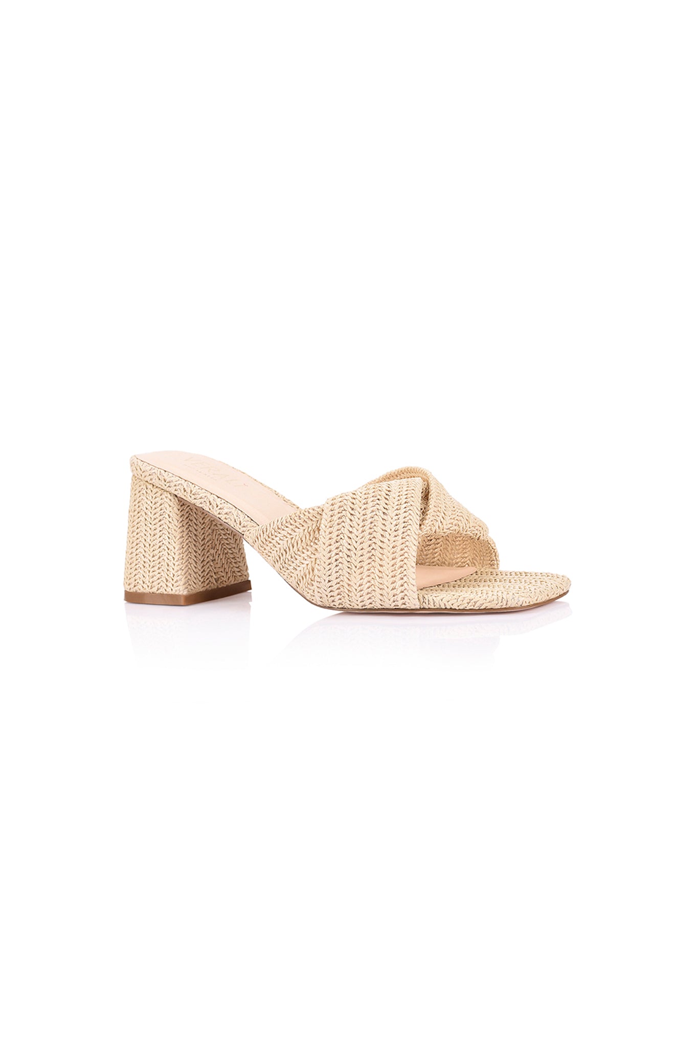 Shop the VERALi Stella Block Heel Mules Natural Raffia