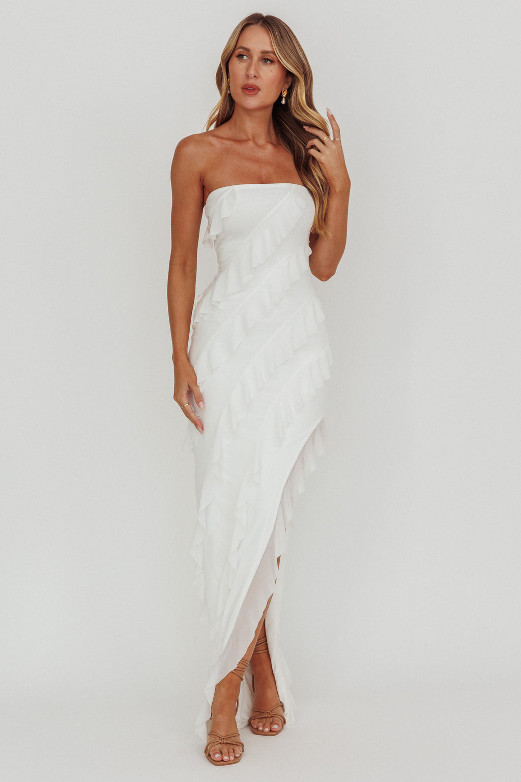 Just Friends Strapless Ruffle Maxi Dress Off White by Selfie Leslie