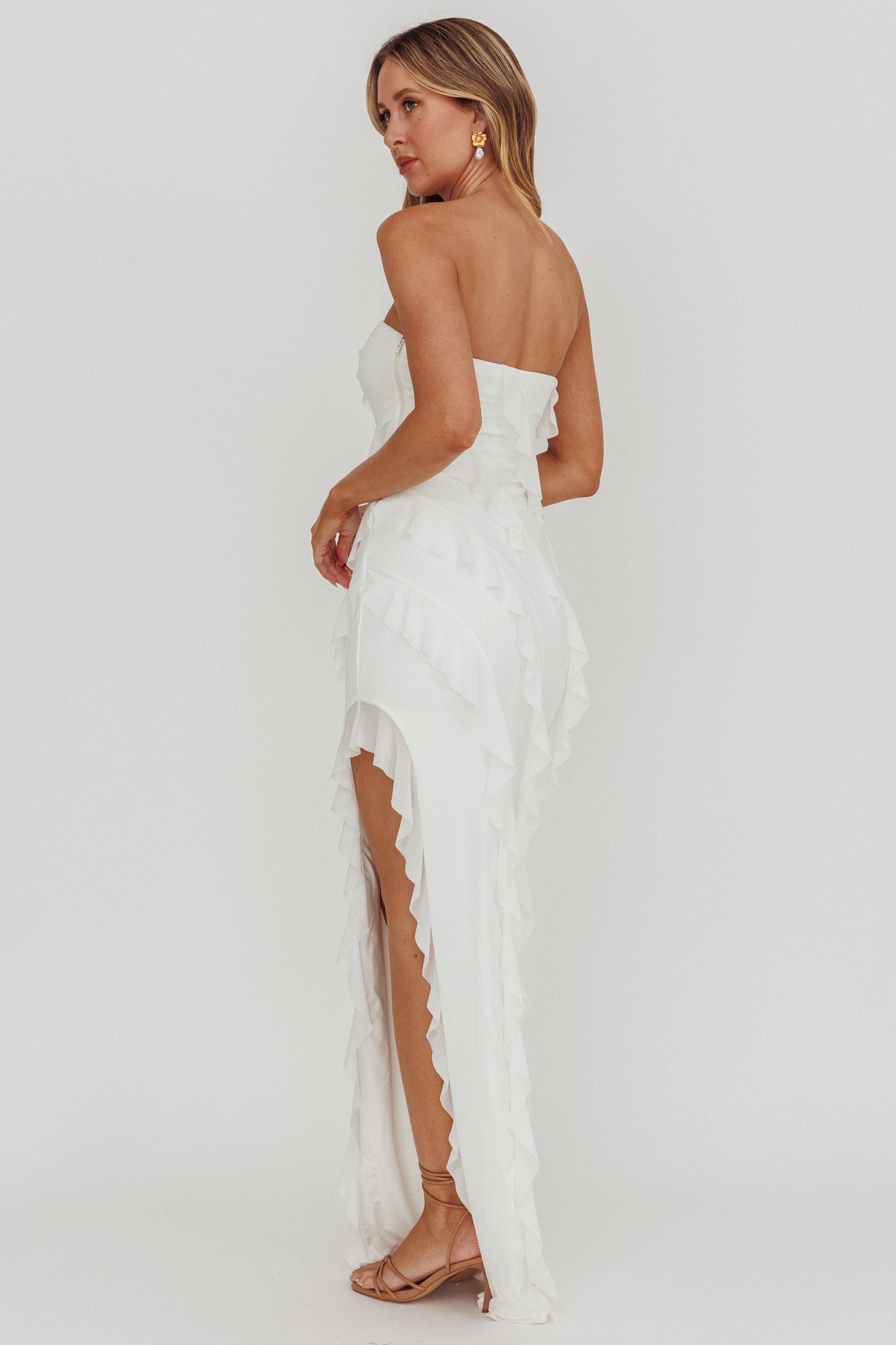 Just Friends Strapless Ruffle Maxi Dress Off White by Selfie Leslie