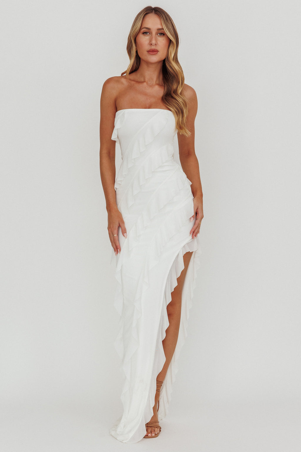 Just Friends Strapless Ruffle Maxi Dress Off White by Selfie Leslie