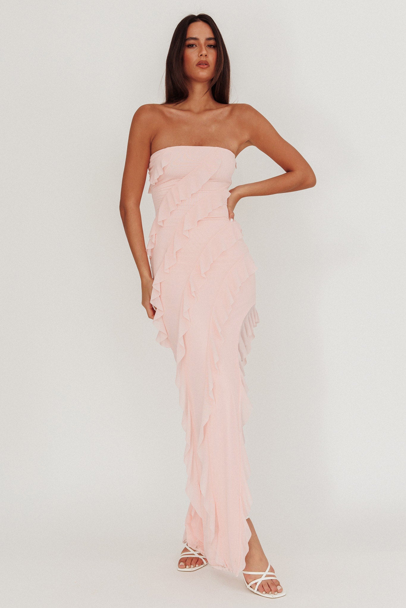Just Friends Strapless Ruffle Maxi Dress Light Pink by Selfie Leslie