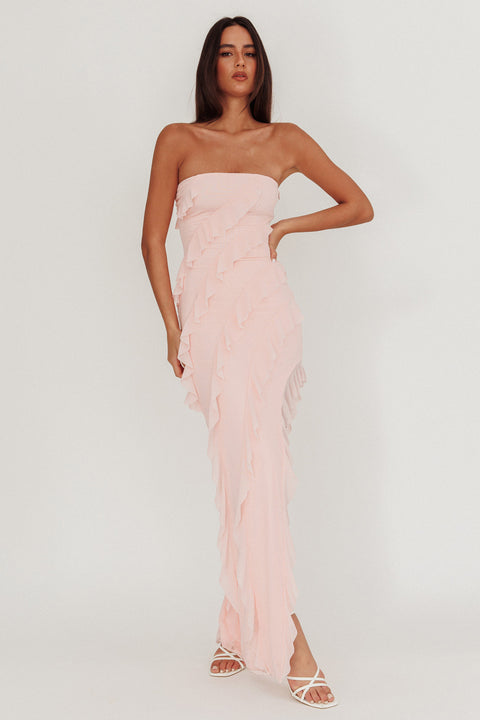 after hours blush pink strapless ruffled maxi dress Just Friends Strapless Ruffle Maxi Dress Light Pink