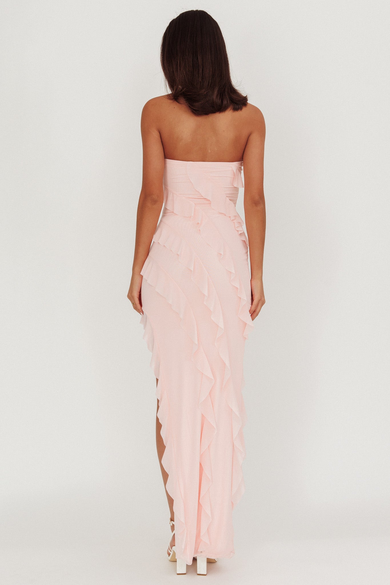 Just Friends Strapless Ruffle Maxi Dress Light Pink by Selfie Leslie