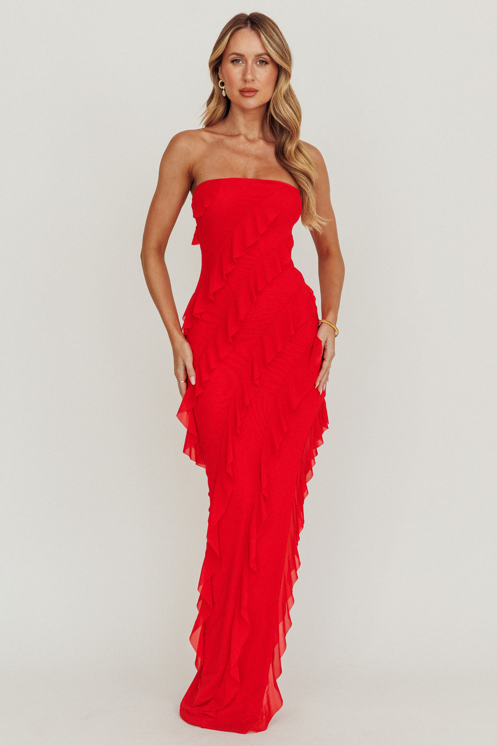 Just Friends Strapless Ruffle Maxi Dress Red by Selfie Leslie