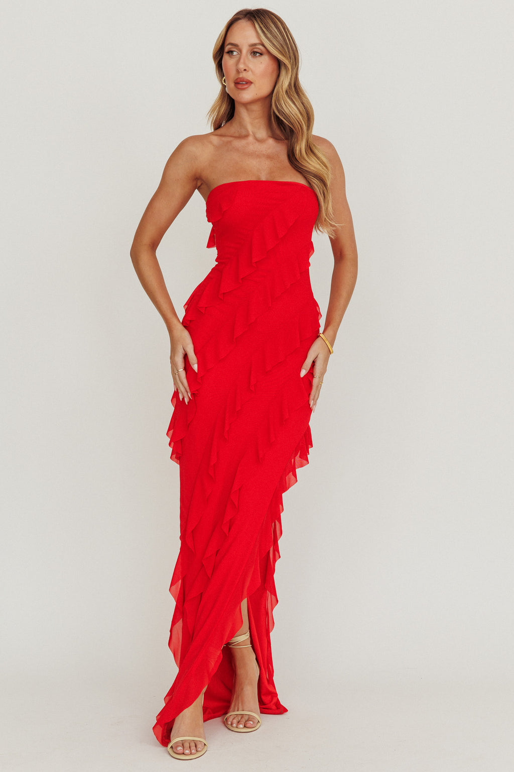 Just Friends Strapless Ruffle Maxi Dress Red by Selfie Leslie