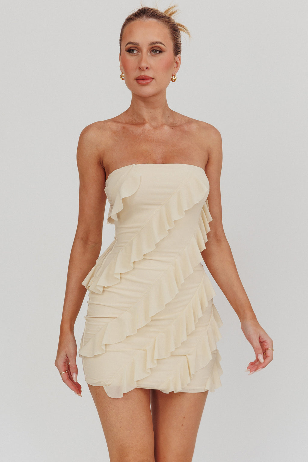 Gold Stars Strapless Ruffle Mini Dress Beige by Selfie Leslie