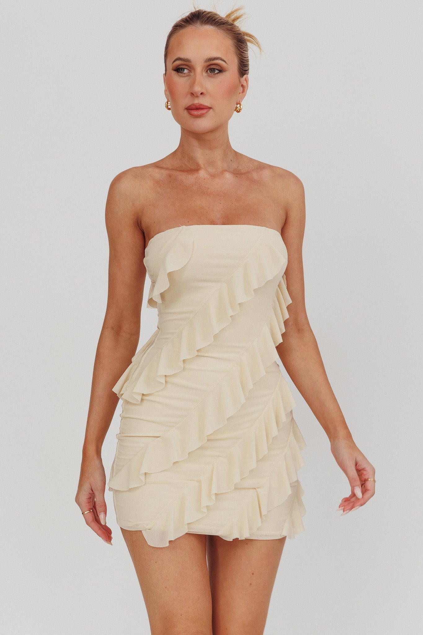 Gold Stars Strapless Ruffle Mini Dress Beige by Selfie Leslie