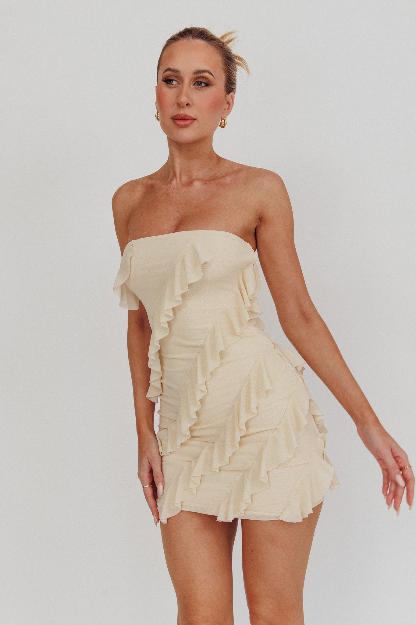 Gold Stars Strapless Ruffle Mini Dress Beige by Selfie Leslie