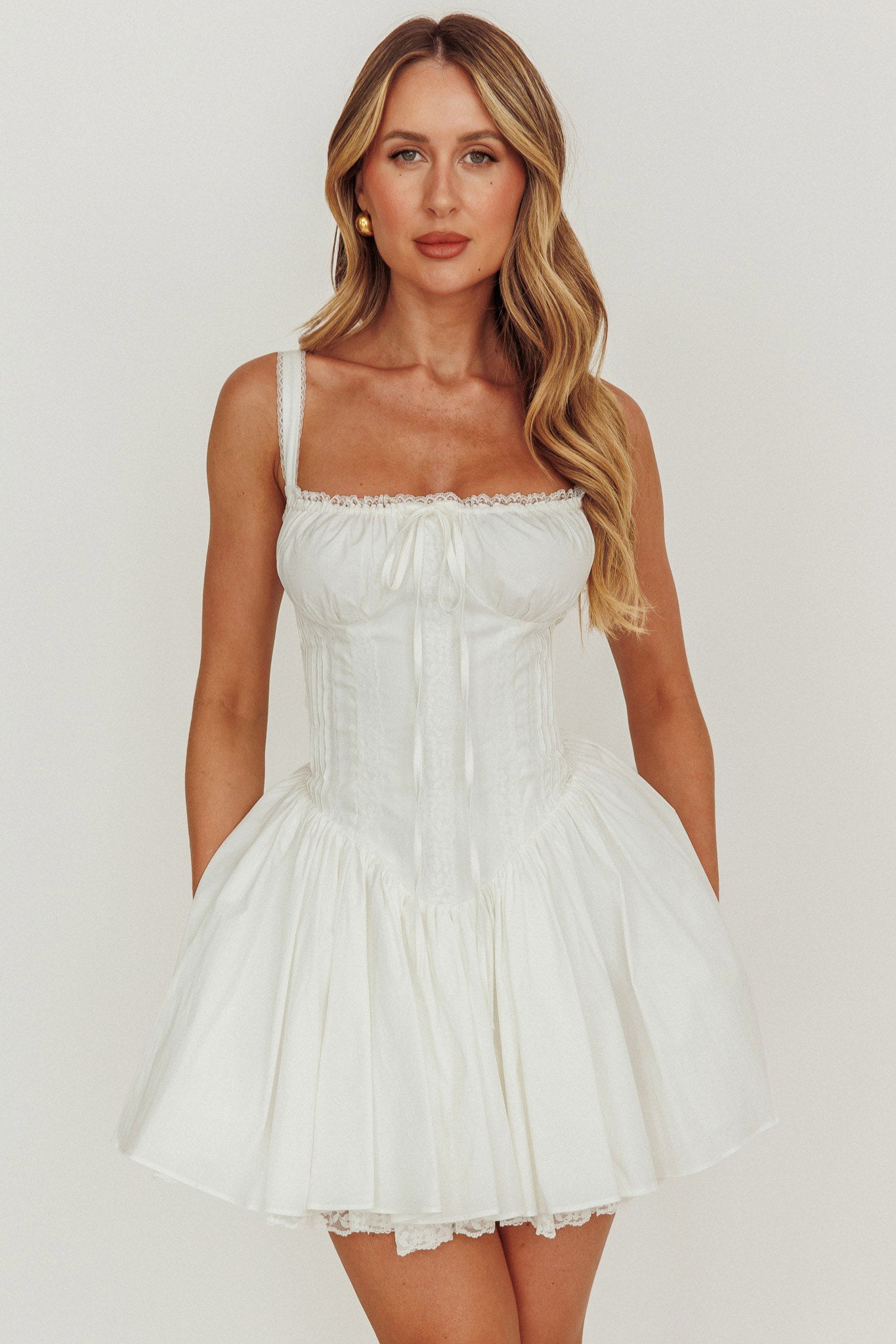 Jennie Corset Flared Mini Dress Off White by Selfie Leslie