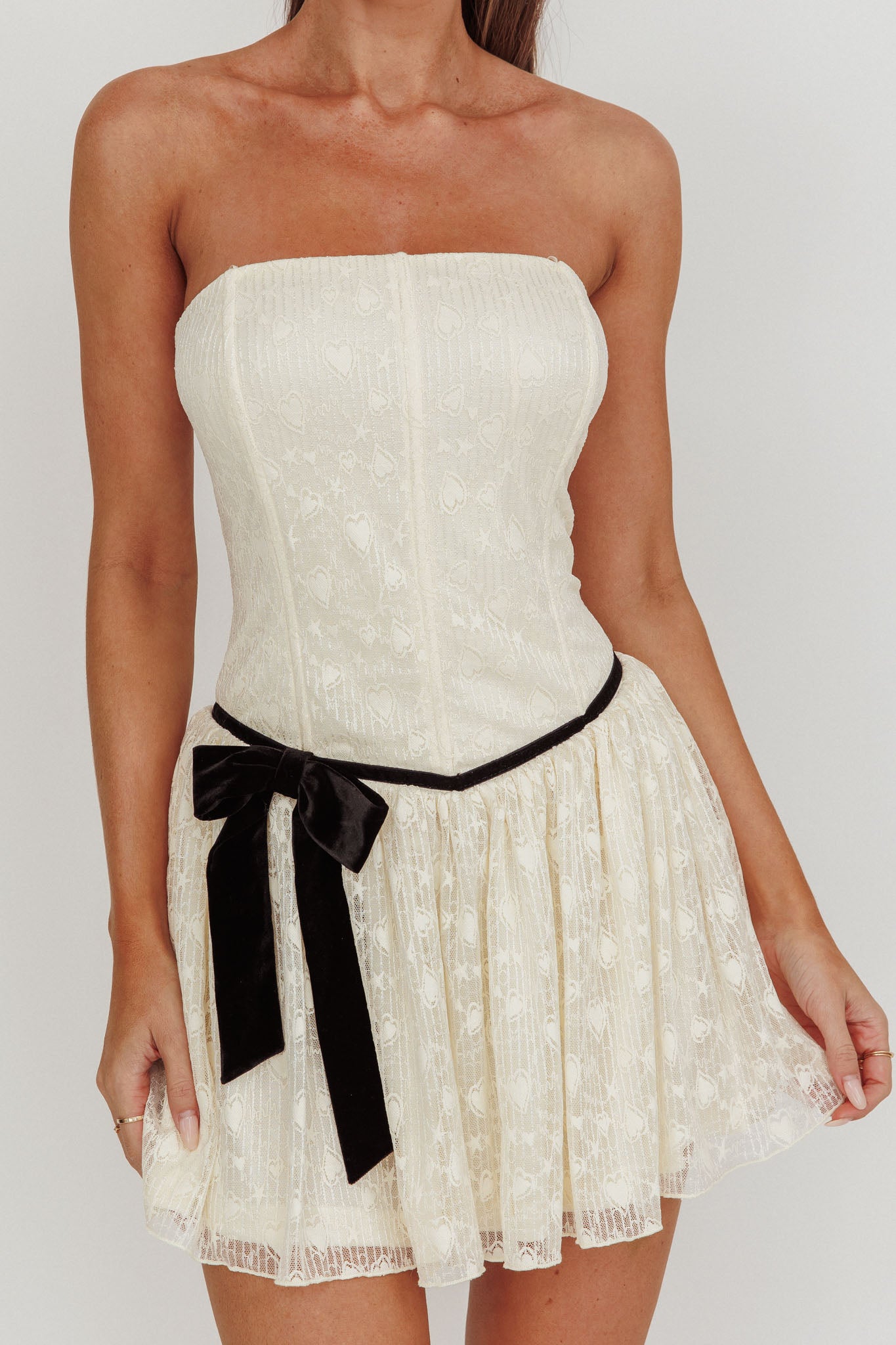 Breathe Lace Up Strapless Mini Dress Ivory by Selfie Leslie