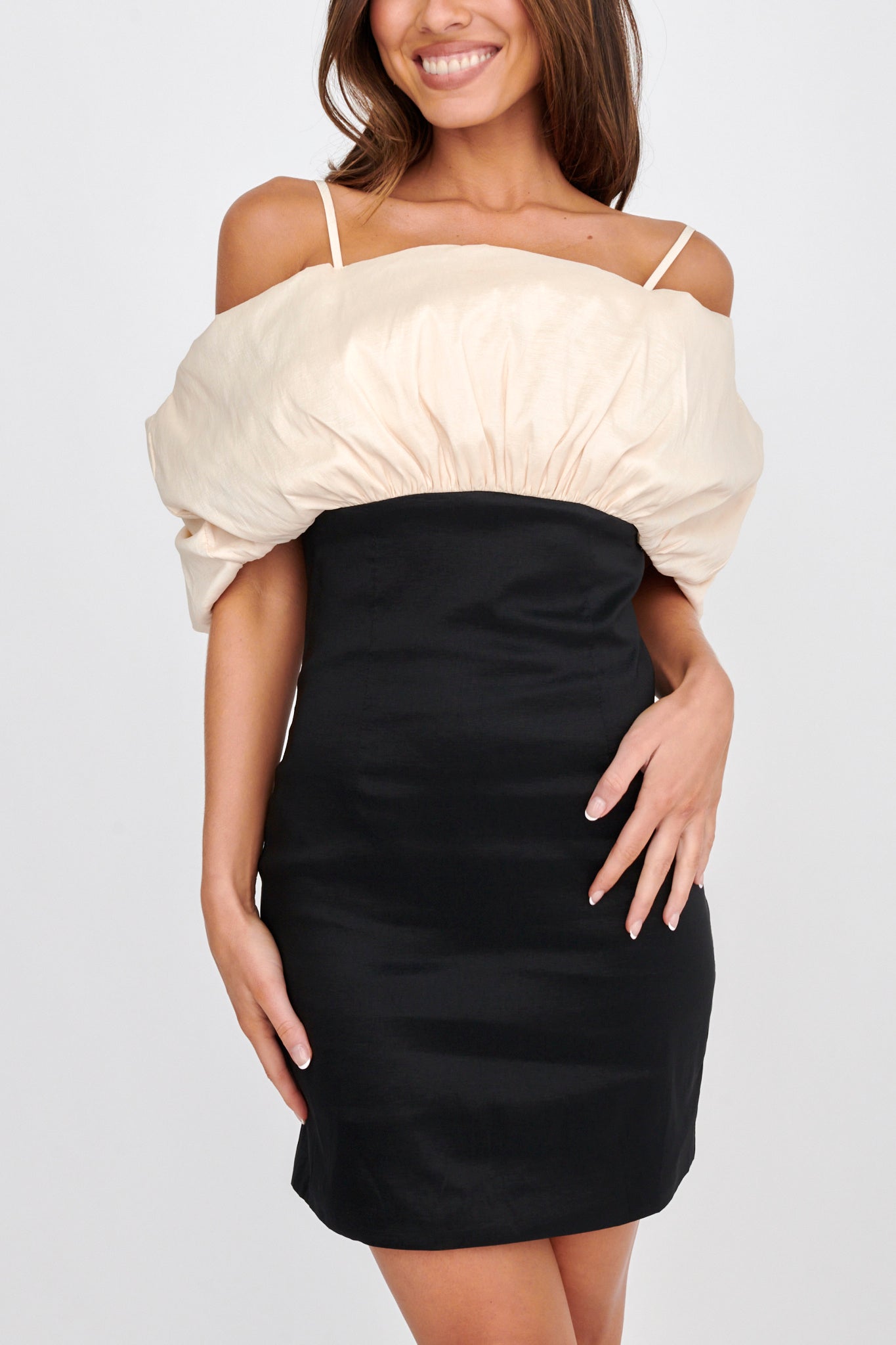 Cosima Puffed Neckline Mini Dress Black/Champagne by Selfie Leslie