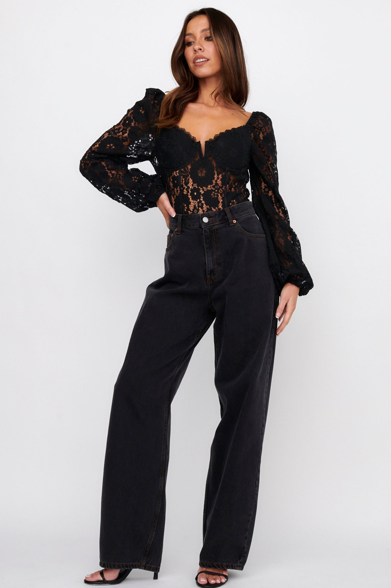 Adored Long Sleeve Lace Bodysuit Black by Selfie Leslie