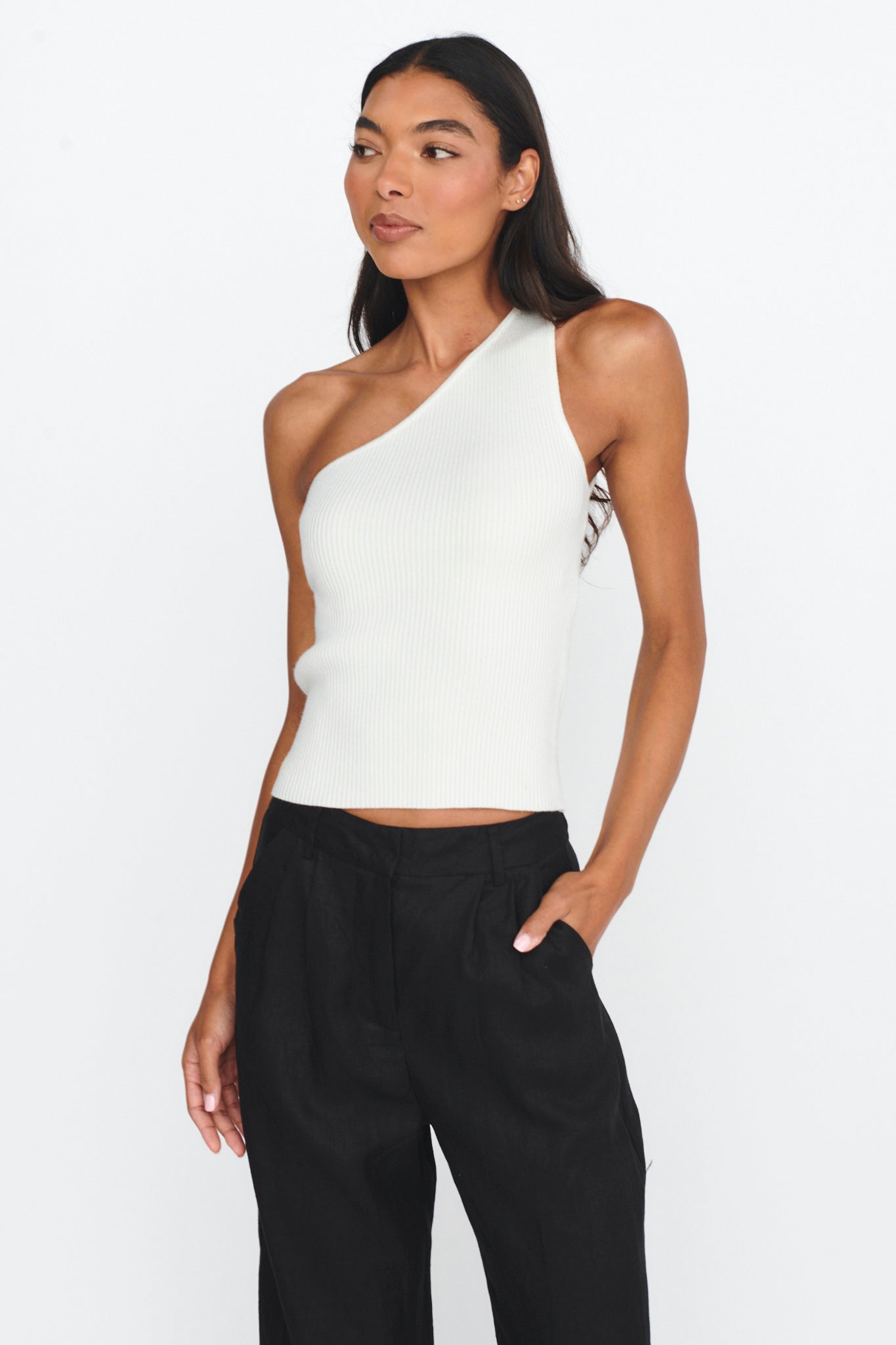 Channy One-Shoulder Ribbed Top White by Selfie Leslie
