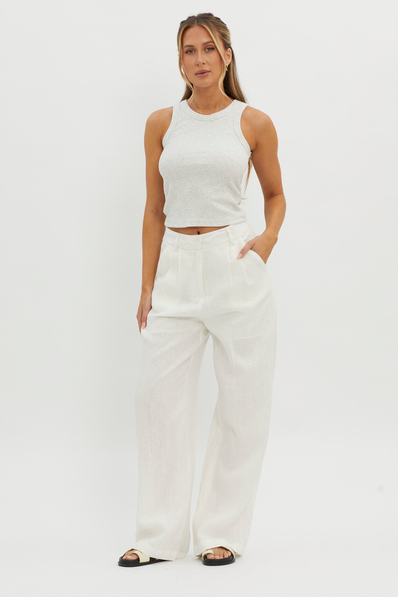 Dodie Straight Leg Trouser Pants Linen White by Selfie Leslie