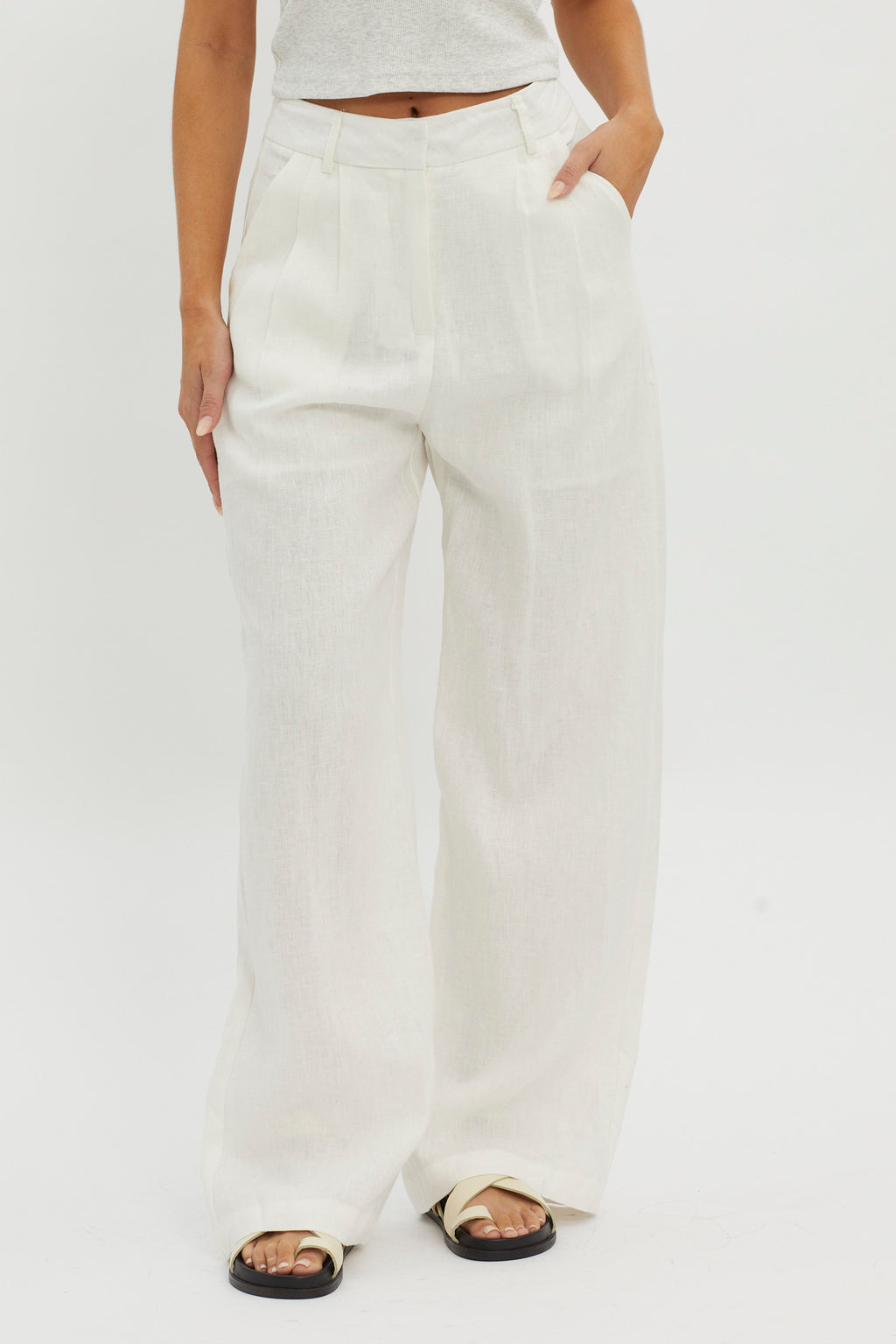 Dodie Straight Leg Trouser Pants Linen White by Selfie Leslie