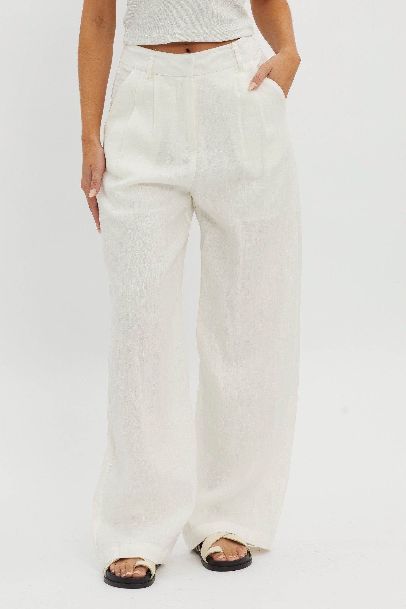 Dodie Straight Leg Trouser Pants Linen White by Selfie Leslie