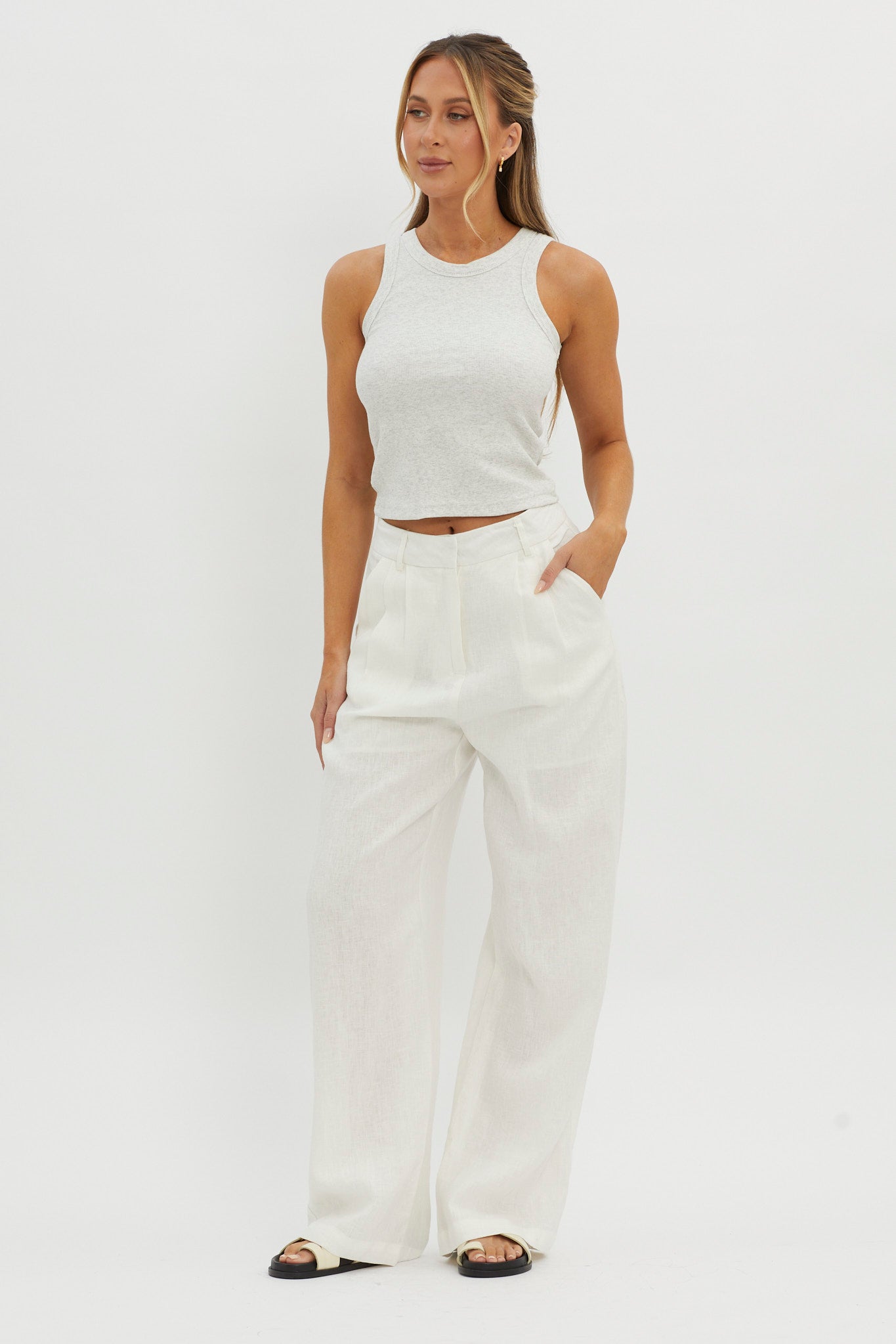 Dodie Straight Leg Trouser Pants Linen White by Selfie Leslie