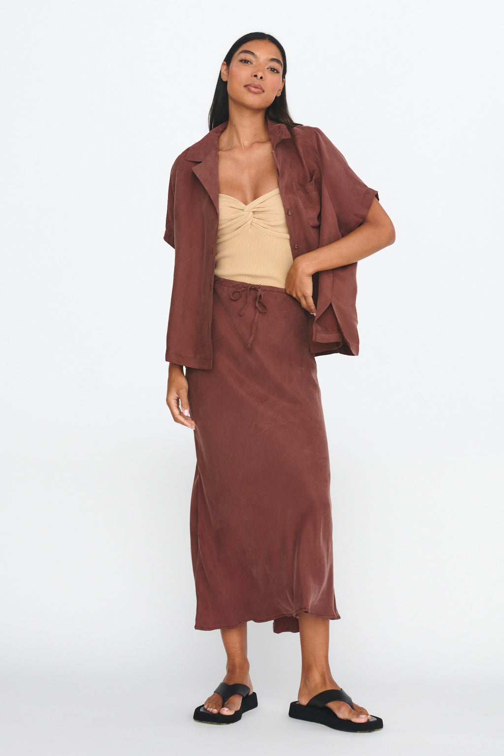 Merisa Drawstring Midi Skirt Choco by Selfie Leslie