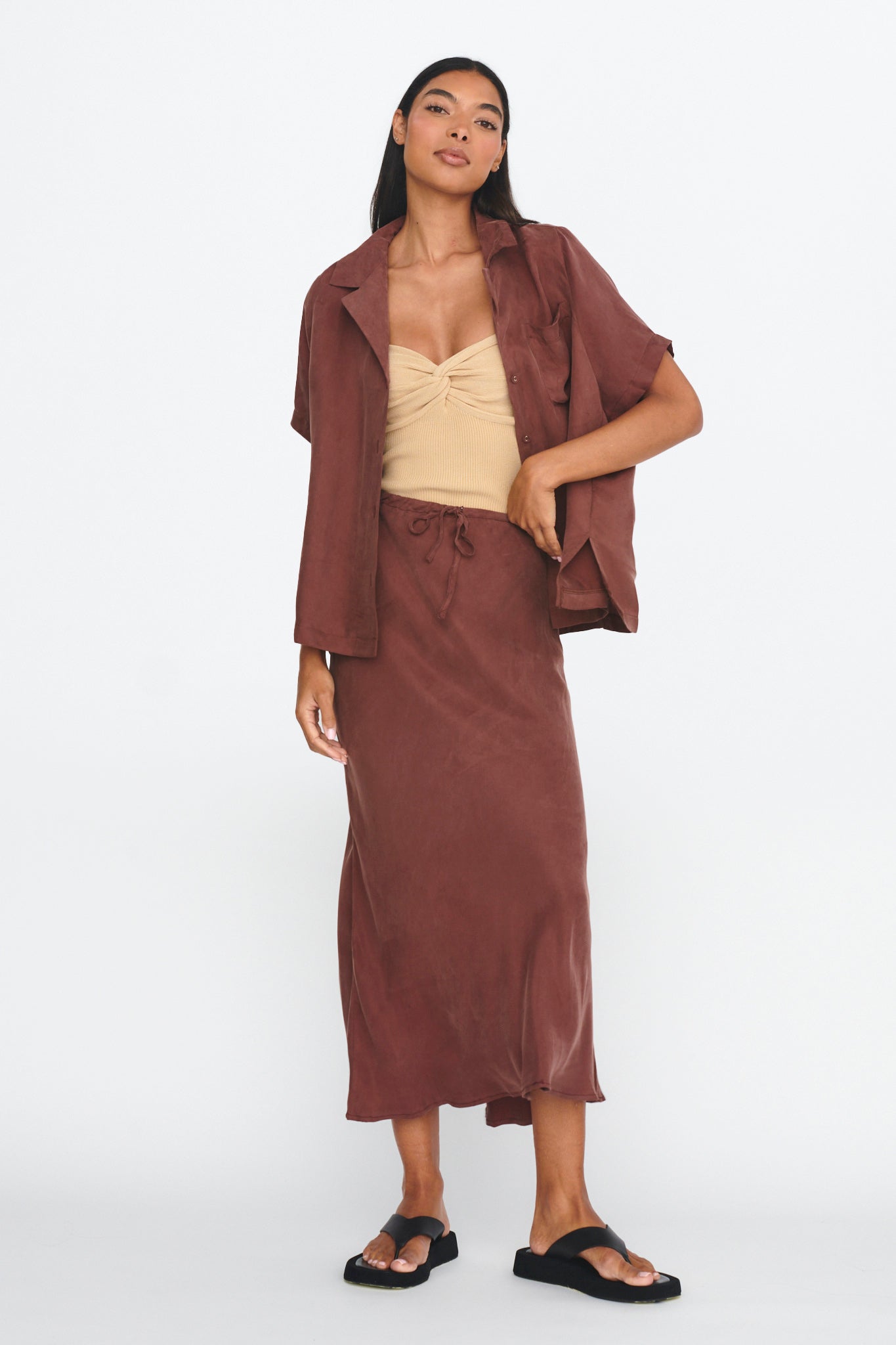 Merisa Drawstring Midi Skirt Choco by Selfie Leslie
