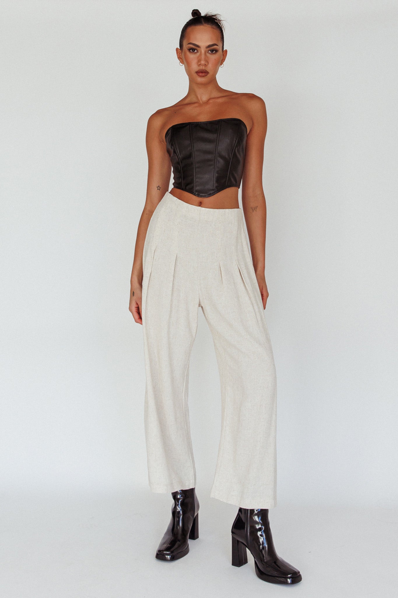Backstage Pleated Wide Leg Pants Oat by Selfie Leslie