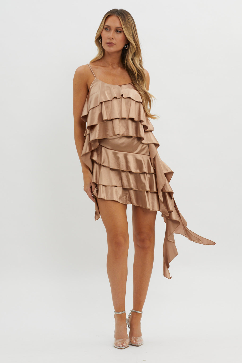 Class Act Layered Ruffle Mini Skirt Taupe by Selfie Leslie