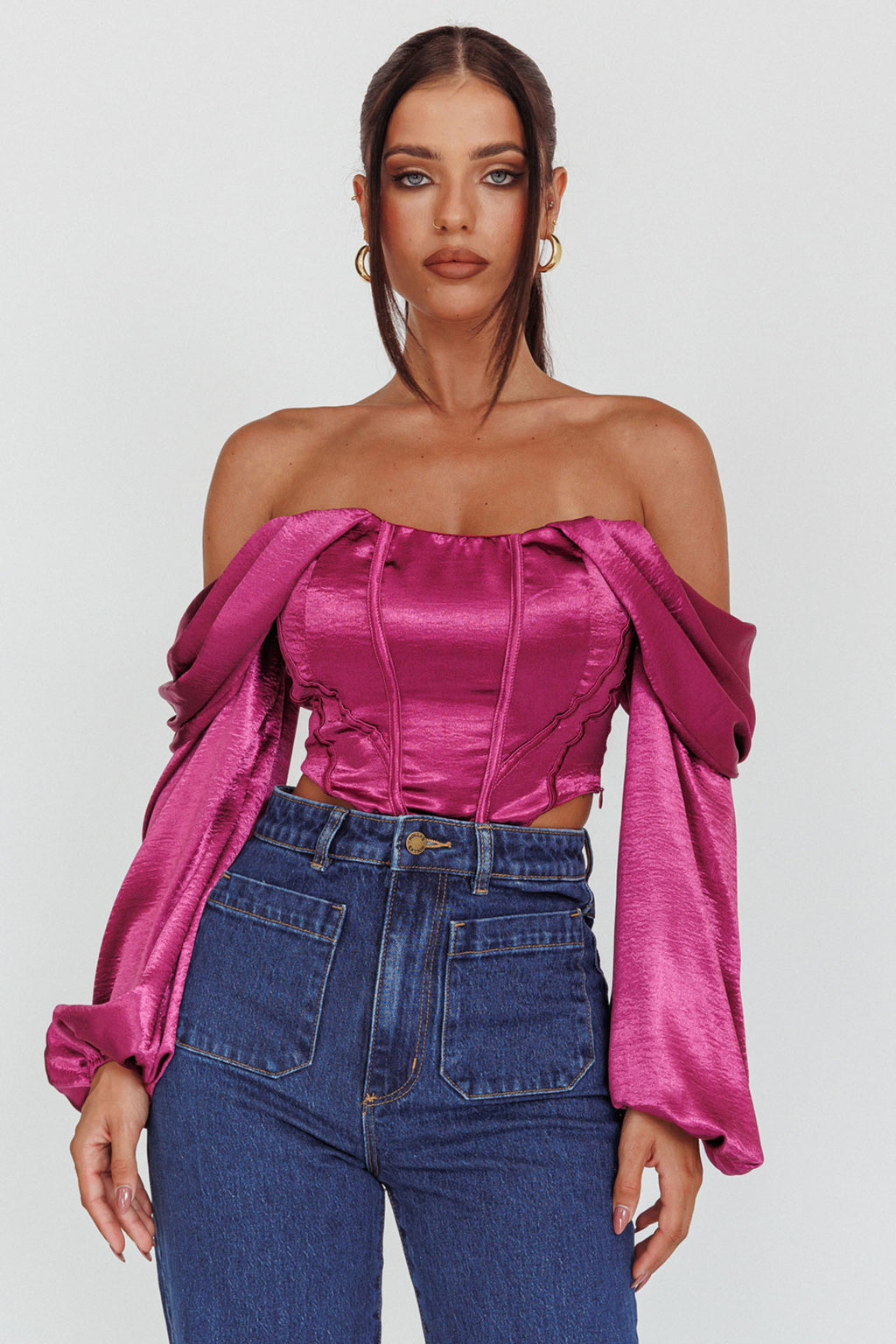 Elouise Off-Shoulder Long Sleeve Top Berry by Selfie Leslie