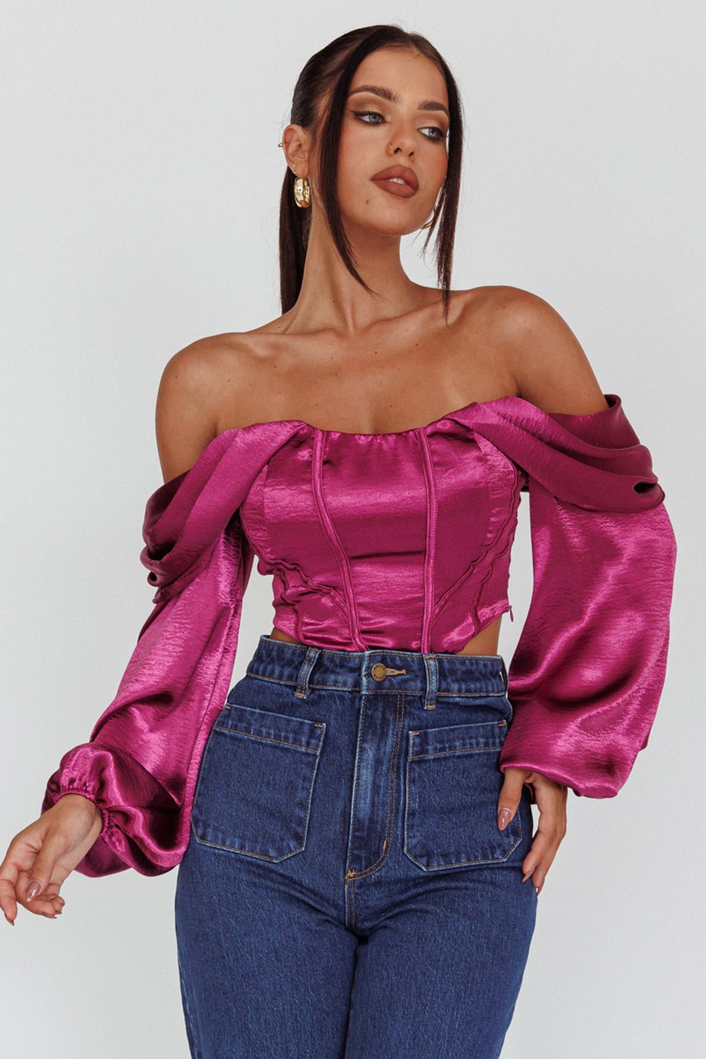 Elouise Off-Shoulder Long Sleeve Top Berry by Selfie Leslie
