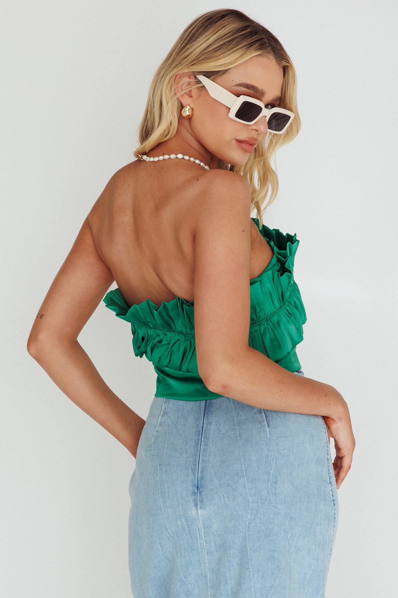 La Belle Frill Neckline Crop Top Green by Selfie Leslie