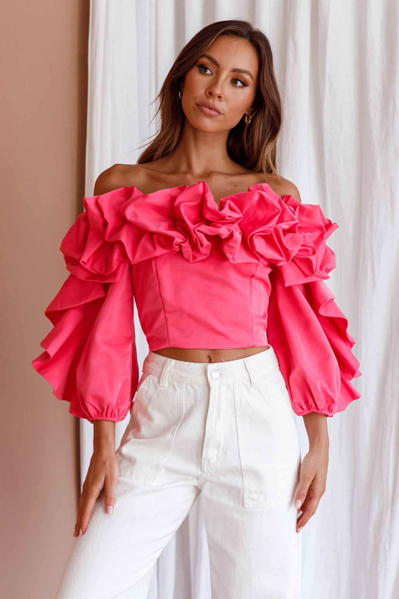 Midnight Mirage Puff Ruffle Crop Top Doll Pink by Selfie Leslie