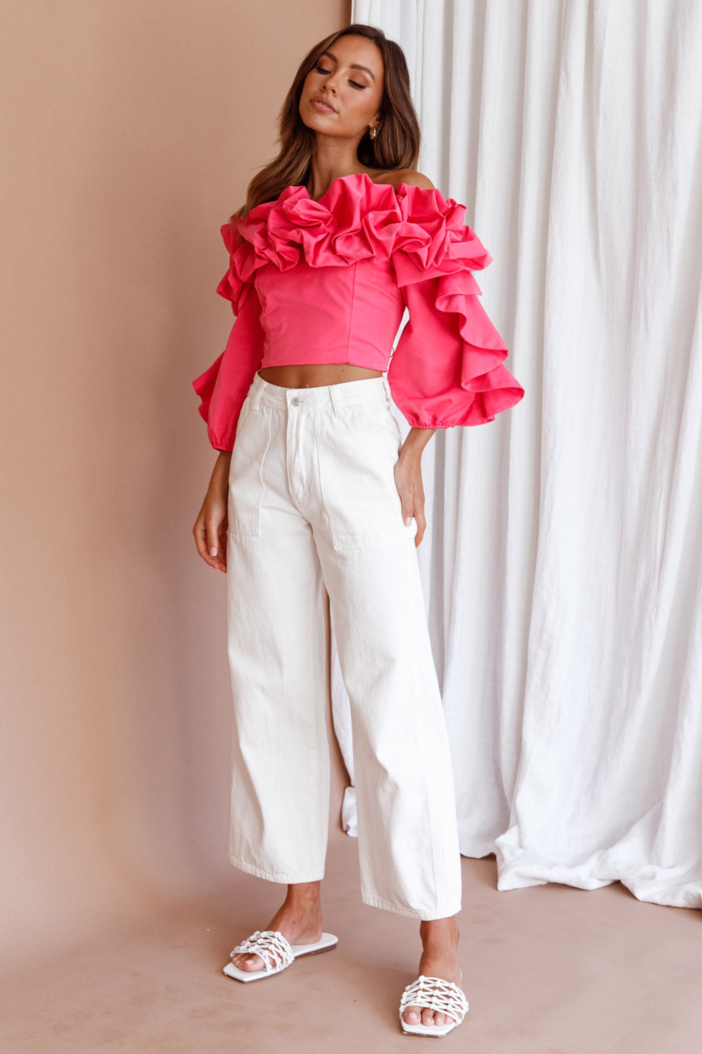 Midnight Mirage Puff Ruffle Crop Top Doll Pink by Selfie Leslie