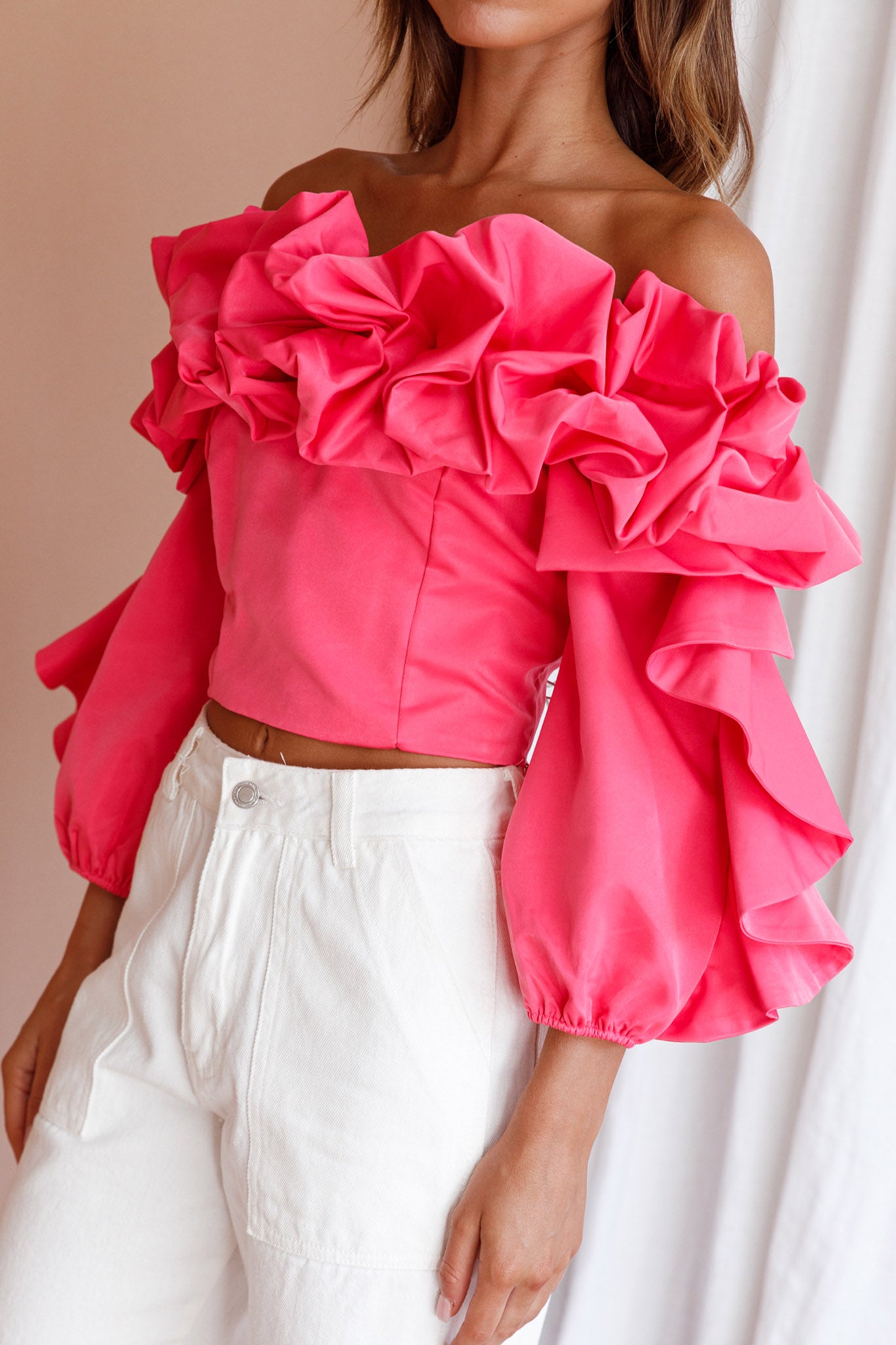 Midnight Mirage Puff Ruffle Crop Top Doll Pink by Selfie Leslie